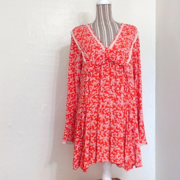 Free People Orange Floral Like You Best Baby Doll Mini Swing Dress Size S - Picture 5 of 11
